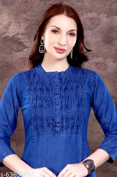 Navy blue denim zigzag design kurti with three-quarter sleeves, embroidered for women & girls. Traditional Indian Denim tunic with modern twist